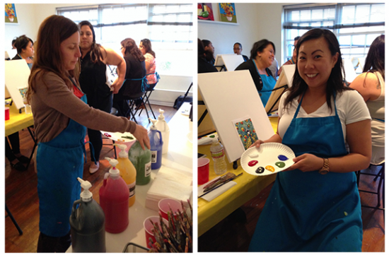 Melissa grabbing her paints; Me with mine - Paint & Sip Studio LA